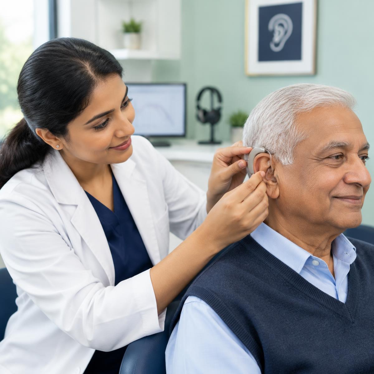 An audiologist gently fitting a hearing aid for an elderly patient