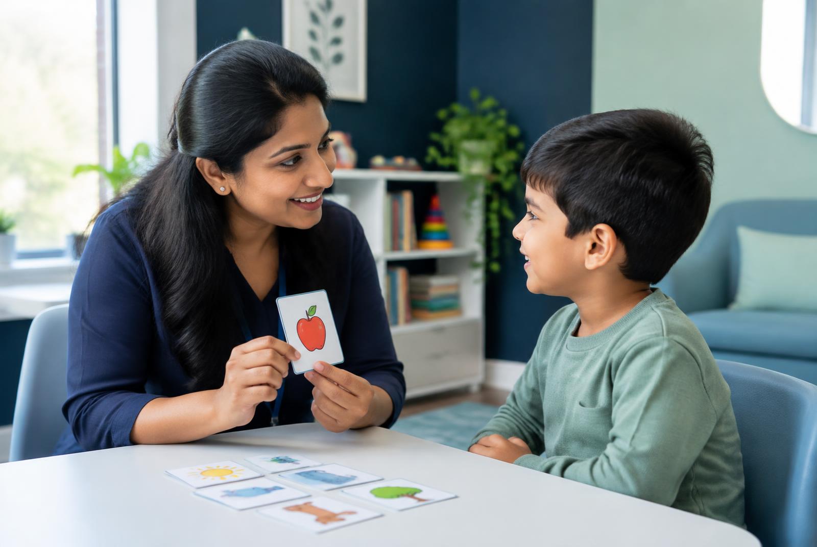 A speech therapist working with a young child using picture cards during a therapy session
